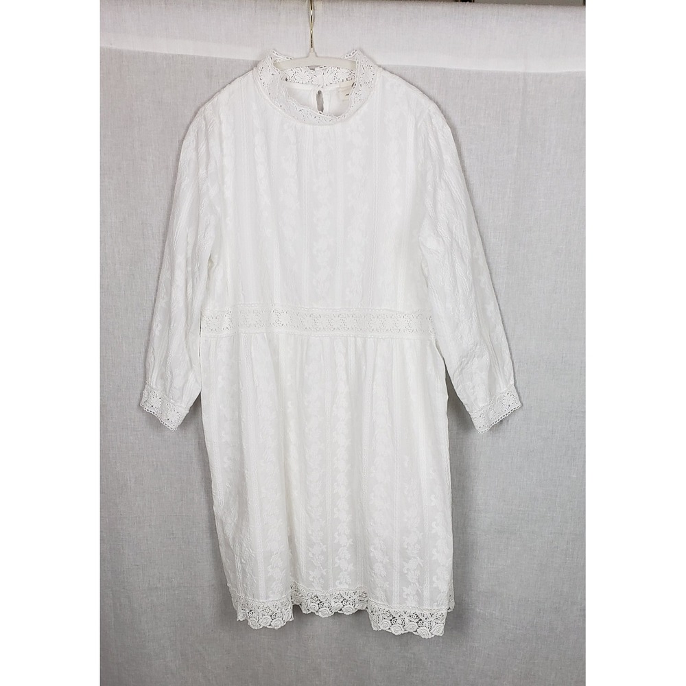 Everleigh White Eyelet Lace Midi Dress High Neck Boho Peasant Cottagecore Spring